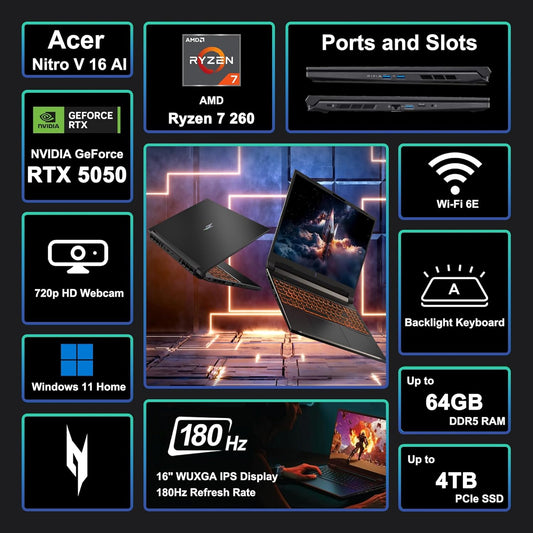 acer Nitro V 16 AI Gaming Laptop 16" WUXGA IPS 180Hz AMD Zen 4 Octa-Core Ryzen 7 260 32GB RAM 1TB SSD GeForce RTX 5050 (Up to 421 AI Tops) Backlit Win11 w/ICP Hub