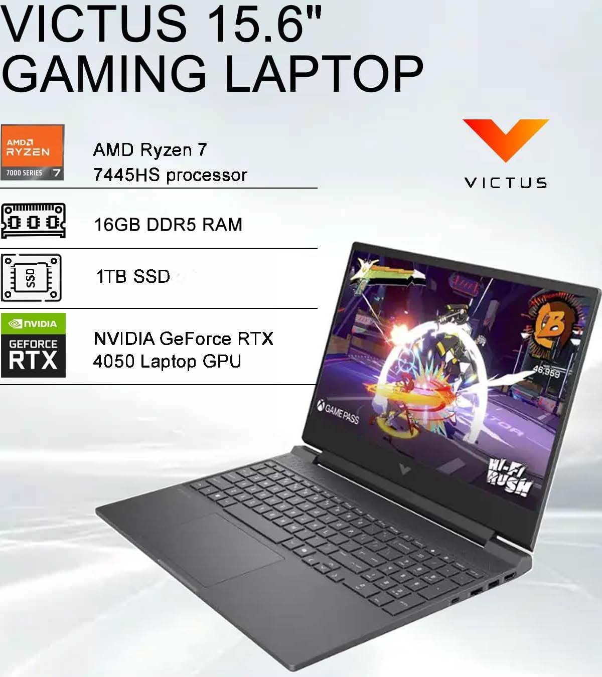 HP Victus 15 Gaming Laptop (15.6" FHD 144Hz, NVIDIA RTX 4050 6GB, AMD Ryzen 7 7445HS,16GB DDR5 RAM, 1TB SSD, 6-Core (> Intel i7-13700H)), Backlit KB, Ethernet, Webcam, Wi-Fi 6, Win 11 Home, Silver