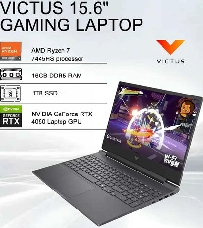 HP Victus 15 Gaming Laptop (15.6" FHD 144Hz, NVIDIA RTX 4050 6GB, AMD Ryzen 7 7445HS,16GB DDR5 RAM, 1TB SSD, 6-Core (> Intel i7-13700H)), Backlit KB, Ethernet, Webcam, Wi-Fi 6, Win 11 Home, Silver