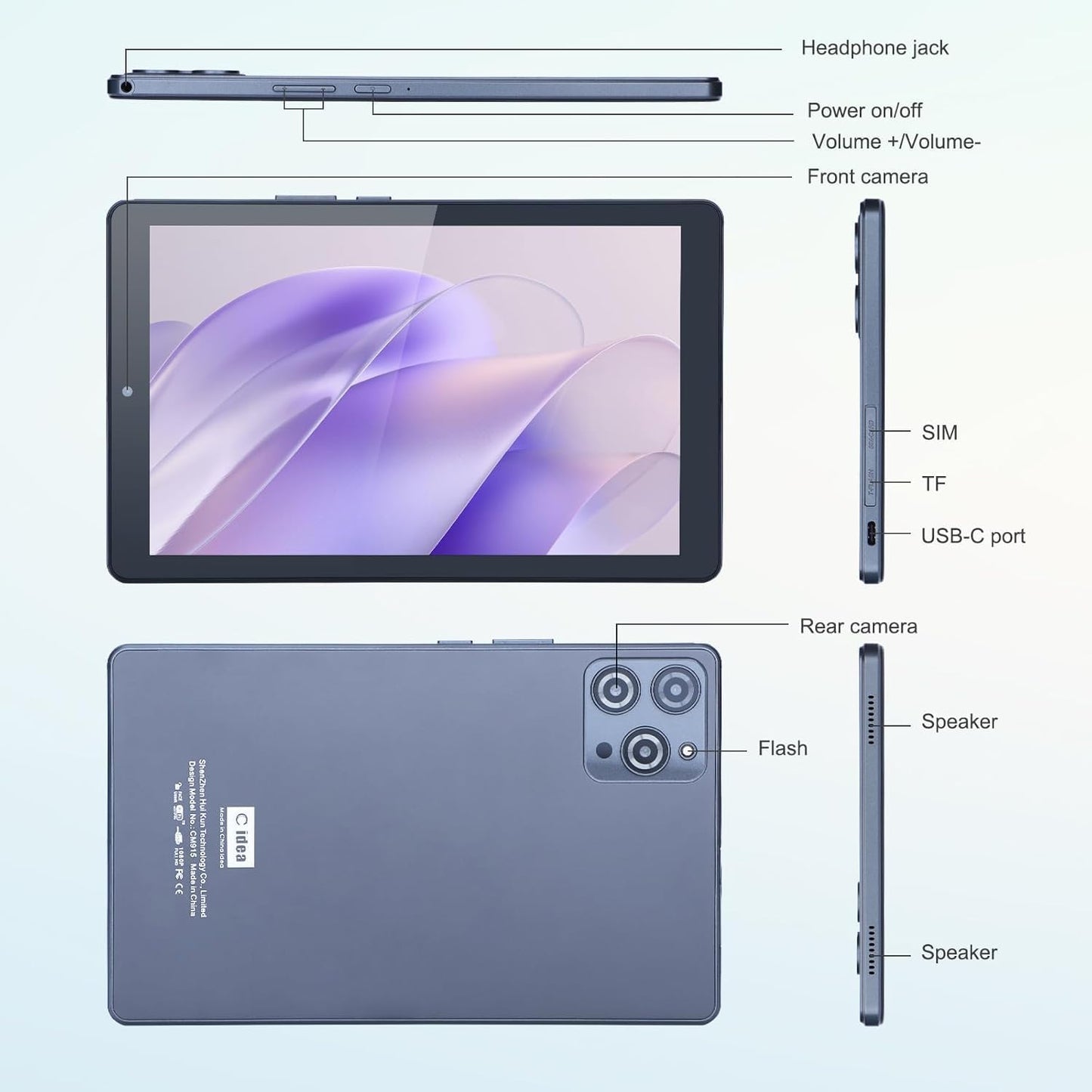 C idea 9 inch Tablet,8GB+512GB,WiFi 5G LTE, Android 12 Tablet Expandable 512GB TF 5MP+8MP Dual Camera With Case, Tablet for Adult and Teenager, CM915(Grey)