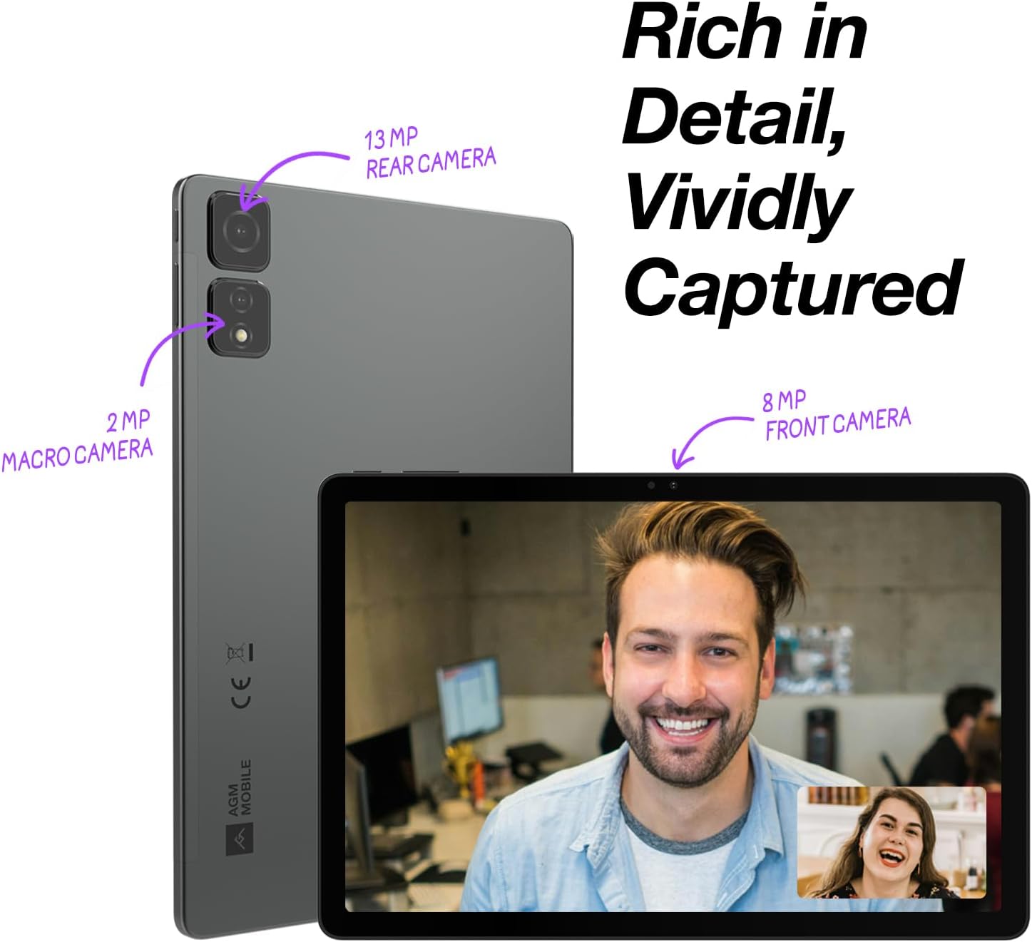 AGM PAD T2 Tablet Android 14, FHD 1920x1200 Display, 4GB RAM, 256GB ROM (TF 512GB),GPS/Type-C/8000mAh Battery/Dual SIM 4G LTE/5G Hz WIFI/Face ID