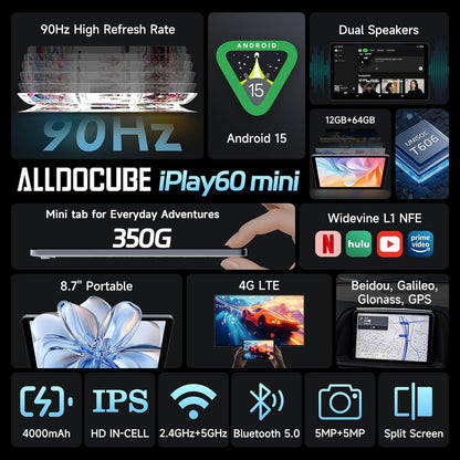 ALLDOCUBE iPlay 60 Mini Tablet 8.7 inch IPS (Android 15, 90Hz, Unisoc T606, 12GB RAM, 64GB ROM, 4000mAh, WiFi + LTE + Bluetooth, GPS, Widevine L1, 2 Speakers)