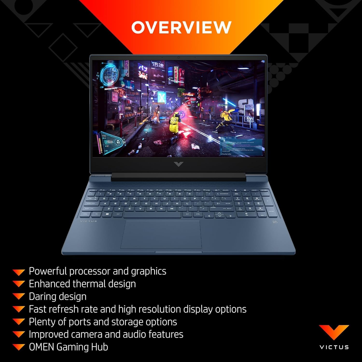 Victus Gaming Laptop 15-fa1072ne, 15.6" FHD 144Hz, 13th Gen Intel Core? i7-13700H, 16GB DDR4 RAM, 512GB SSD, 6GB NVIDIA GeForce RTX? 3050, Win 11, Performance Blue, Backlit ENG/ARB Keyboard[7Z8C4EA]