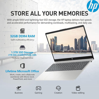 2025 HP 15.6 Laptop Computer,Intel 10-Core i5 Laptop Lifetime Office,College Students Business Laptop 15 Inch FHD,32GB RAM 1.5TB Storage (1TB SSD+512GB PSSD),Windows 11 Pro Copilot AI,Number Pad,USB-C