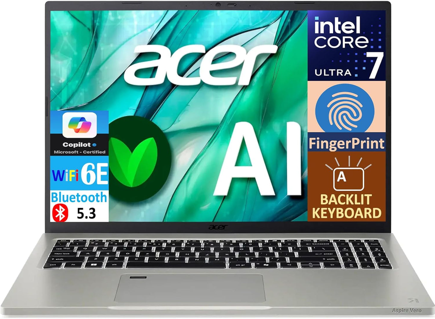 Acer Aspire Vero 16 AI Powered Laptop 16.0" IPS WQXGA Display (Intel Core Ultra 7 155U, 16GB LPDDR5X, 512GB PCIe SSD, Intel Graphics, Backlit KB, Fingerprint, 2 Thunderbolt 4, WiFi 6E, Win 11 Pro)