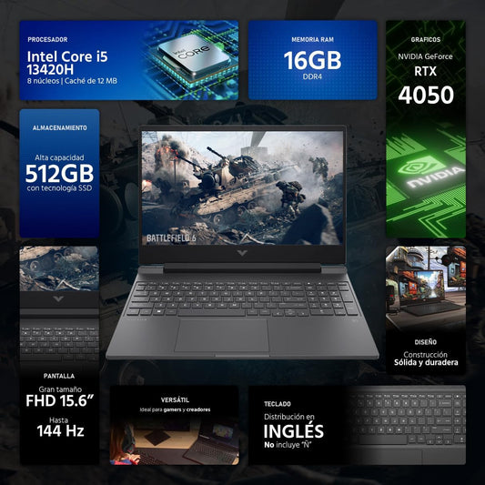 HP Victus 15.6 inch FHD 144Hz IPS Windows Gaming Laptop Intel Core i5-13420H 16GB RAM 512GB SSD RTX 4050 Mica Silver (15-FA2082WM)