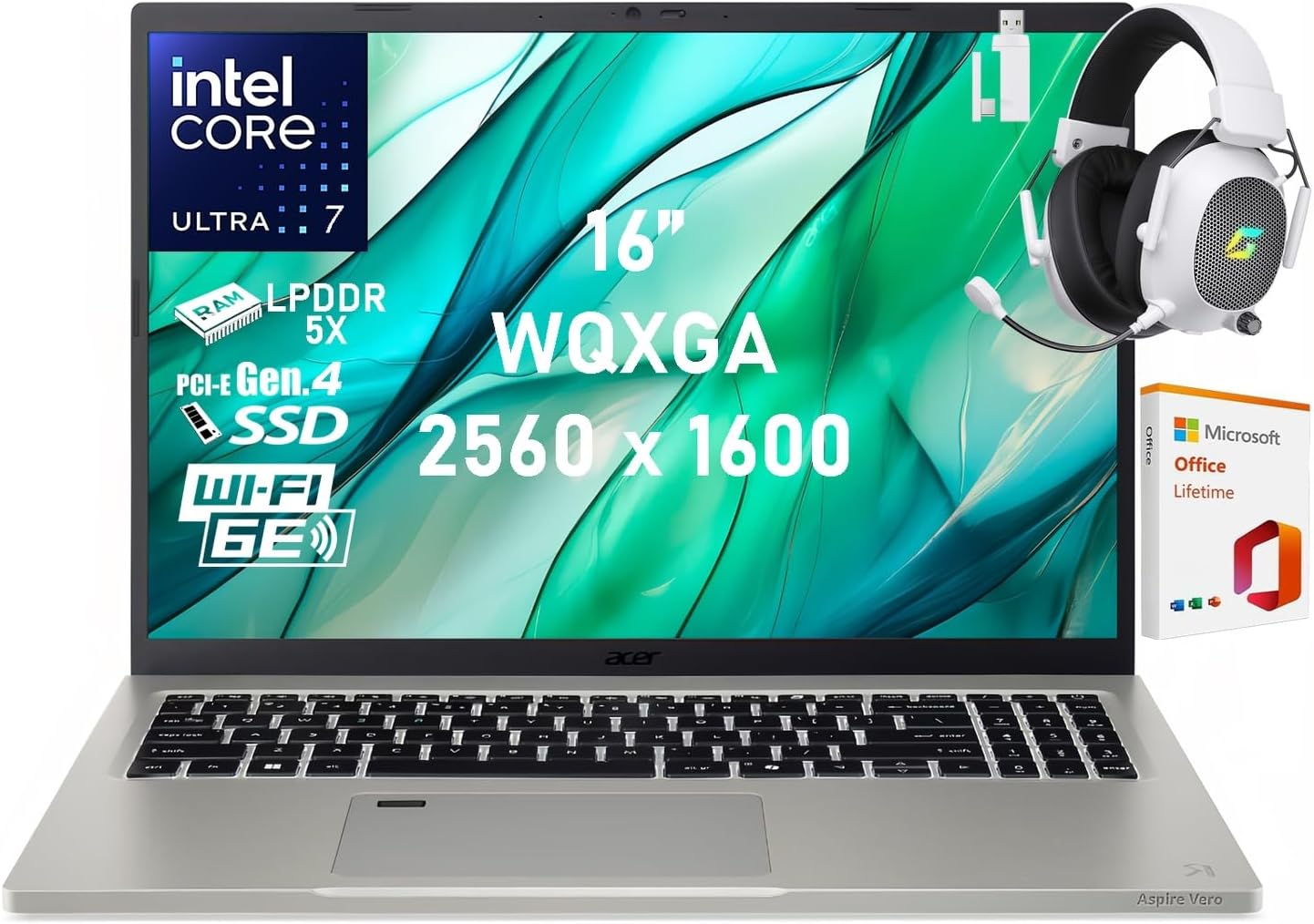 acer 16 inch AI Laptop, 16" WQXGA Display, Intel Core Ultra 7 155U, 16GB LPDDR5X RAM, 512GB PCIe 4.0 SSD, QHD Webcam, WiFi 6E, with 2.4GHz Wireless Headset & 2019 Lifetime Office, Windows 11 Home