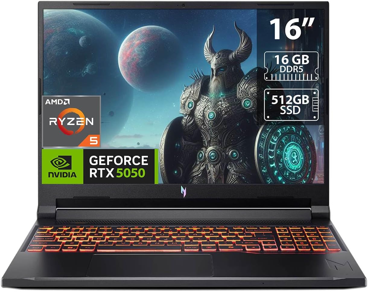 Acer Nitro V 16 AI WUXGA IPS 180Hz Gaming Laptop AI PC, AMD Ryzen 5 240 Processor, 16GB RAM, 512GB SSD, NVIDIA® GeForce RTX™ 5050 8GB GDDR7 Graphics, Windows 11,English Keyboard, Obsidian Black