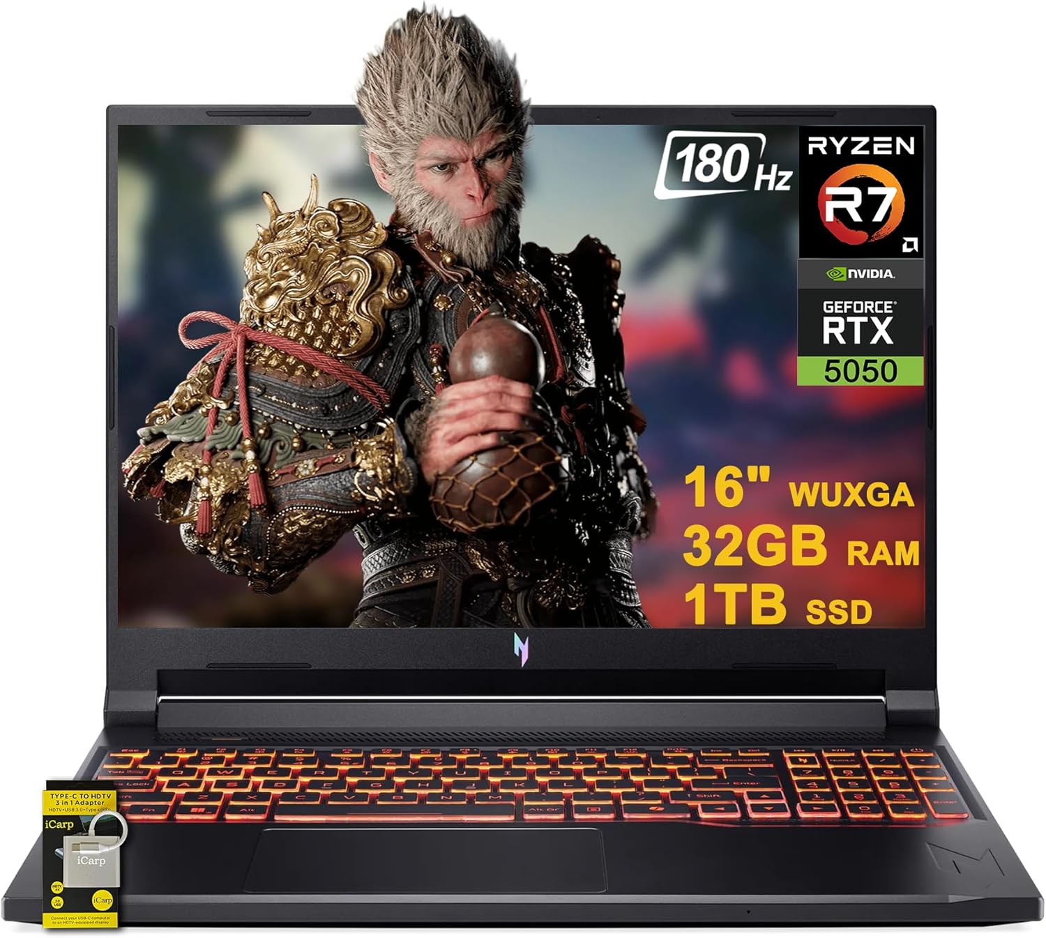 acer Nitro V 16 AI Gaming Laptop 16" WUXGA IPS 180Hz AMD Zen 4 Octa-Core Ryzen 7 260 32GB RAM 1TB SSD GeForce RTX 5050 (Up to 421 AI Tops) Backlit Win11 w/ICP Hub