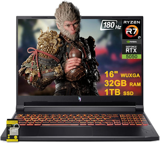 acer Nitro V 16 AI Gaming Laptop 16" WUXGA IPS 180Hz AMD Zen 4 Octa-Core Ryzen 7 260 32GB RAM 1TB SSD GeForce RTX 5050 (Up to 421 AI Tops) Backlit Win11 w/ICP Hub